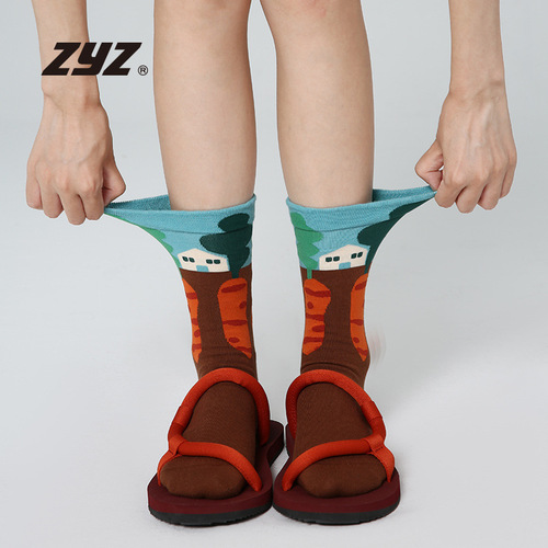 ZYZ original design women's socks cute cartoon landscape illustration printed mid-calf socks 5 pairs boxed Xinjiang cotton socks for women