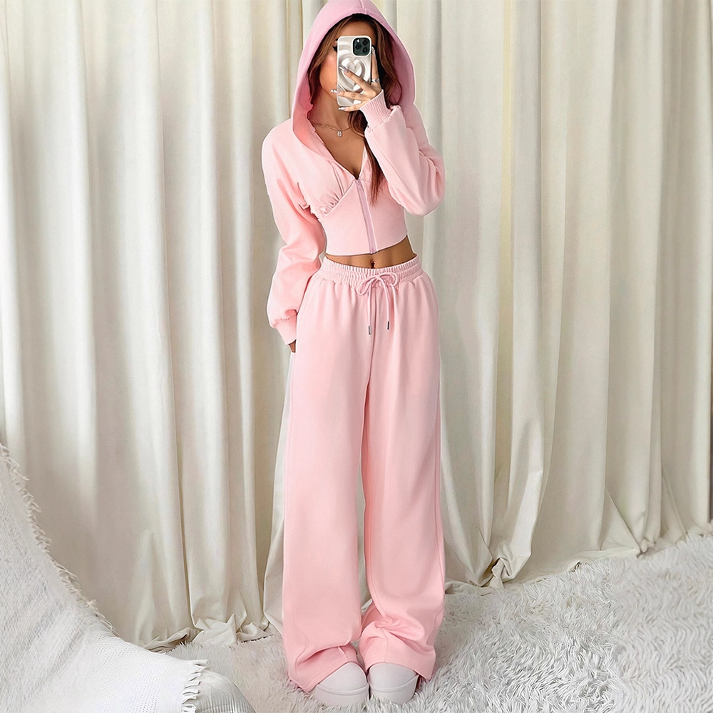 AD789 欧美2025秋季时尚休闲新款长袖拉链连帽家居运动跑步套装女