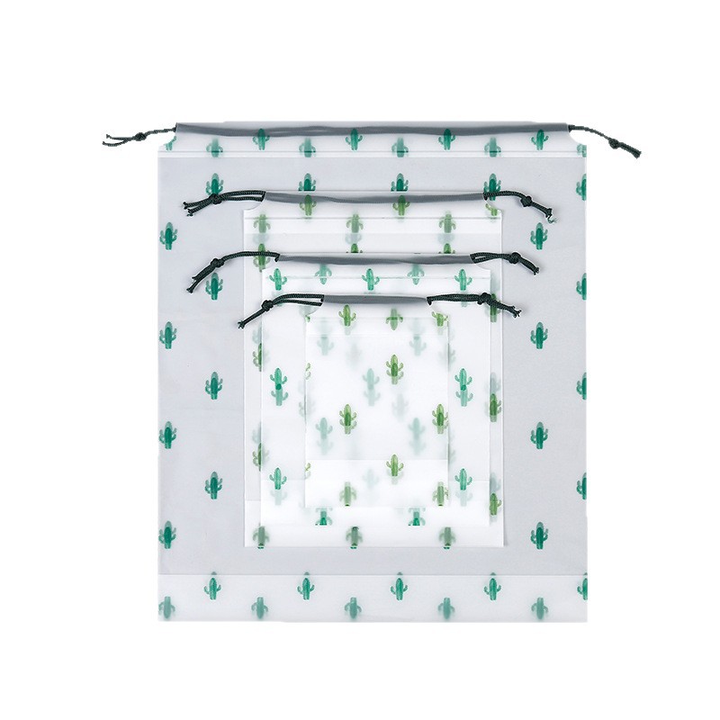 Bolsa con cordón de dibujos animados de cactus esmerilado, bolsa con cordón para viaje, bolsa de almacenamiento para toallas faciales, bolsa de embalaje transparente de PE