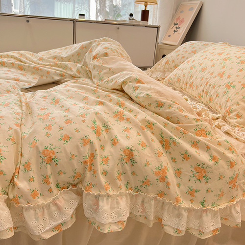 French ins small floral cotton bed four-piece set cotton quilt cover bed sheet bed skirt princess style bed skirt four-piece set