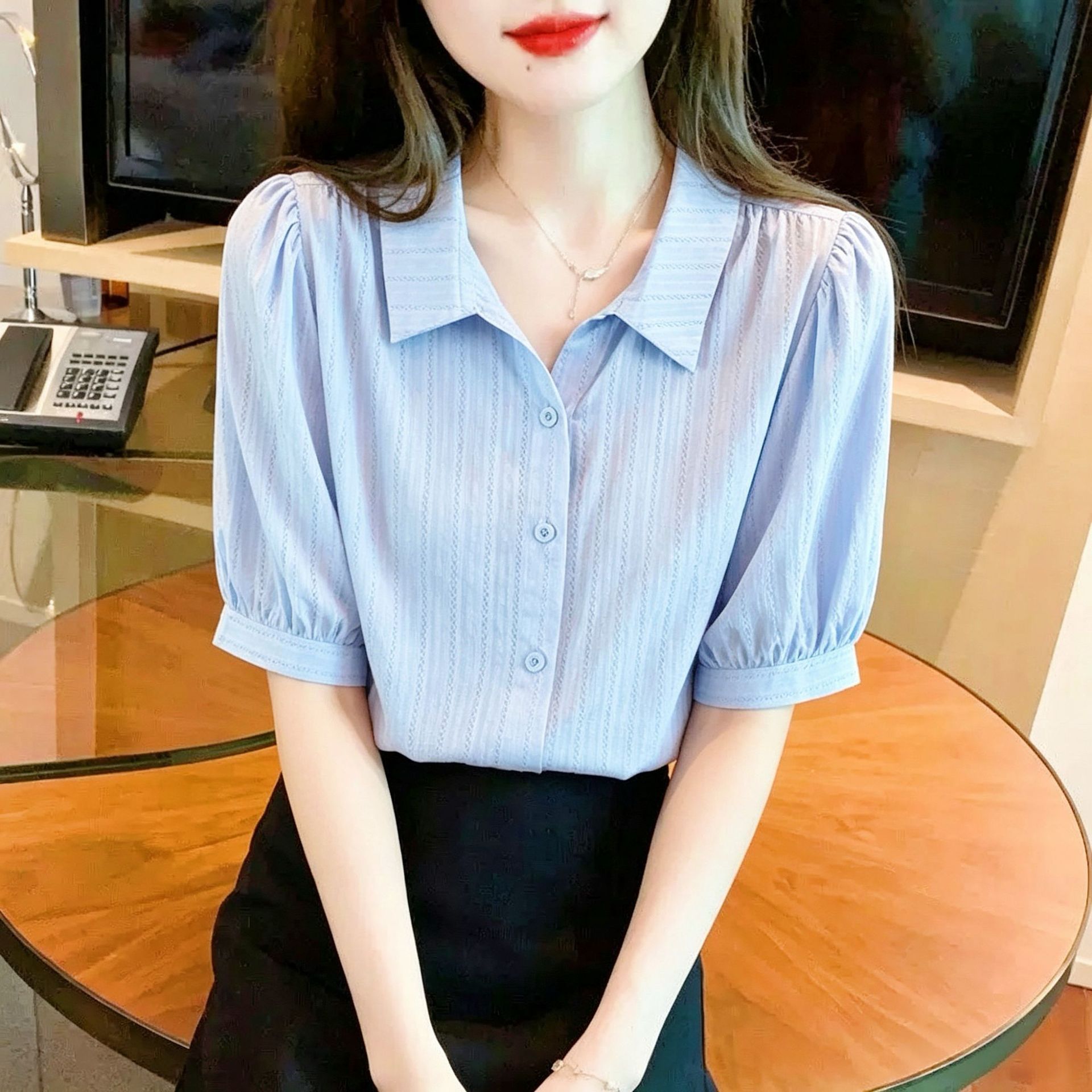 Women's pure cotton French-style high-end lapel short-sleeved white shirt, 2026 summer new style, petite and versatile top.