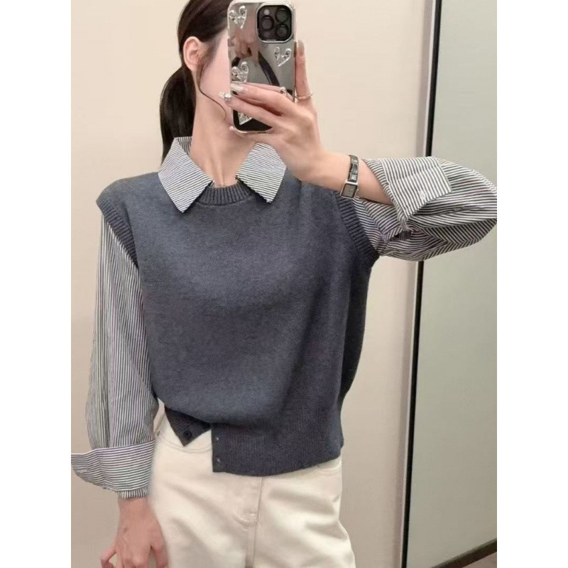 Kaning Shirt with Patchwork Design and Faux Two-Piece Pullover Knit Sweater, 2026 Autumn and Winter New Design Knit Sweater Vest