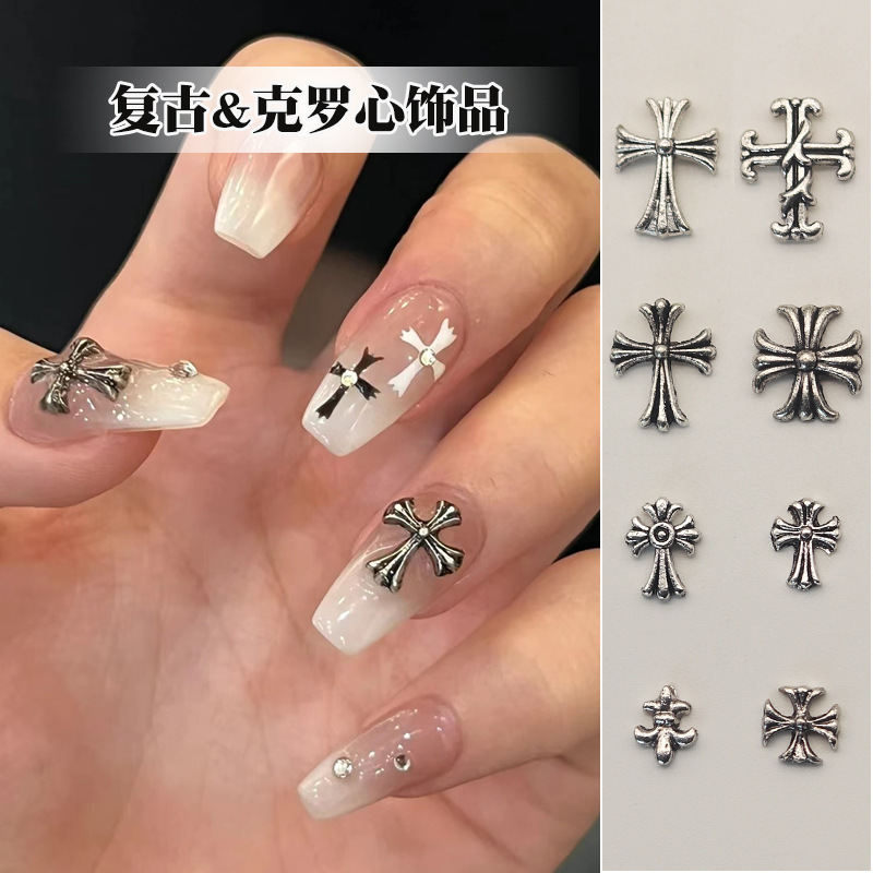 Nail Art Decoration with Cross, Retro Style, New Punk Style, Baroque Retro Style, Three-Dimensional Popular Jewelry Nails