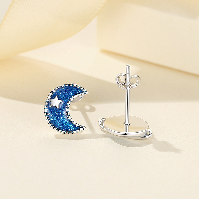Plata esterlina S925 pendientes estrella luna pendientes hembra azul planeta luna pendientes estrella de cinco puntas nicho estilo coreano aguja de plata