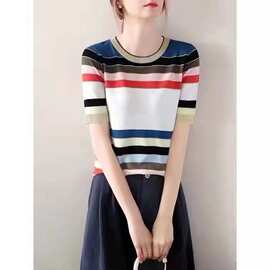 港米服饰/金丝对条工艺彩条针织T彩虹冰丝罩衫女薄款宽松短款短袖