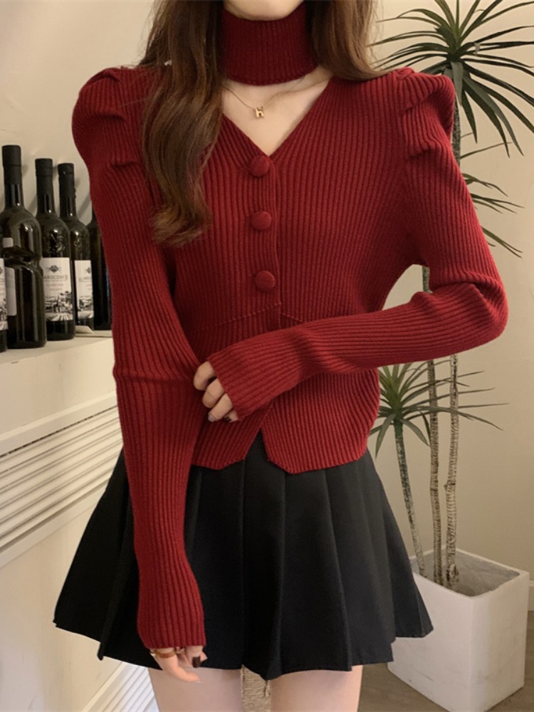 플러스 사이즈 빨간 스웨터 여성의 가을과 겨울 디자인 케어 머신 탑 서양식 목 불규칙한 스웨터베이스 셔츠