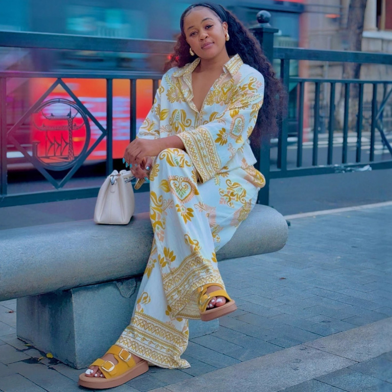 欧美女装长袖翻领印花衬衫阔腿长裤非洲大码洋气时尚宽松两件套女|undefined