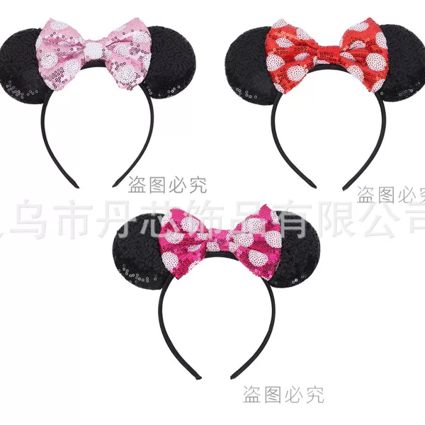 Cross-Border Amusement Park Sequined Bow Hair Hoop European and American Sweet Ear Hair Hoop Cute Cartoon Mouse Hair Accessories