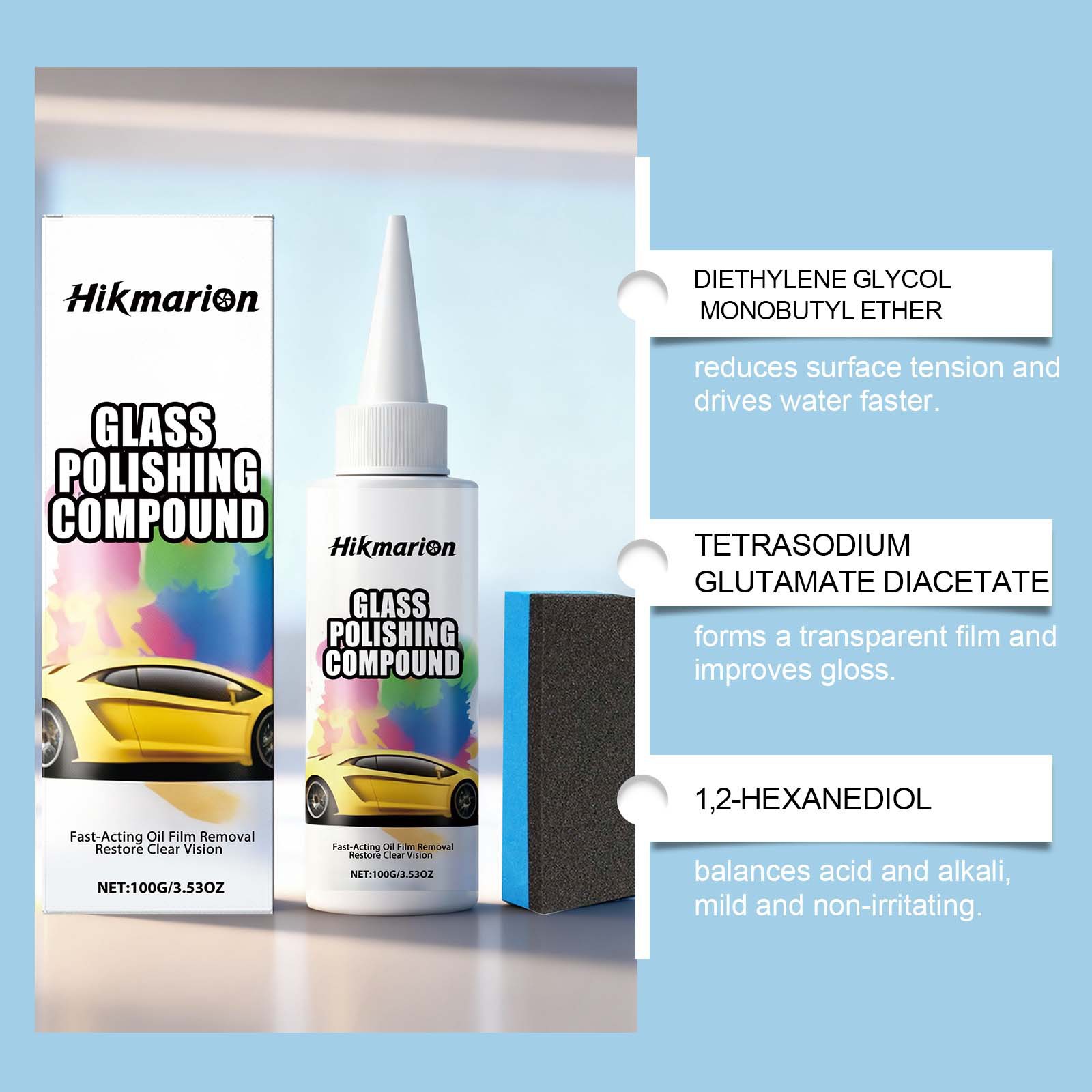Hikmarion Glass Polishing Paste Cleans Glass Oil Film Removes Coating Clear Vision Car Maintenance