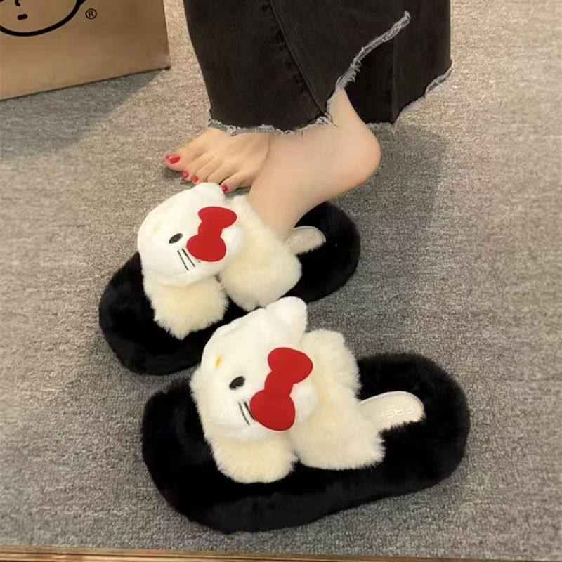 High-Looking Kt Cat Furry Slippers 2025 Autumn and Winter New Outer Wear Super Soft Thick Sole Heightening Cute Cartoon