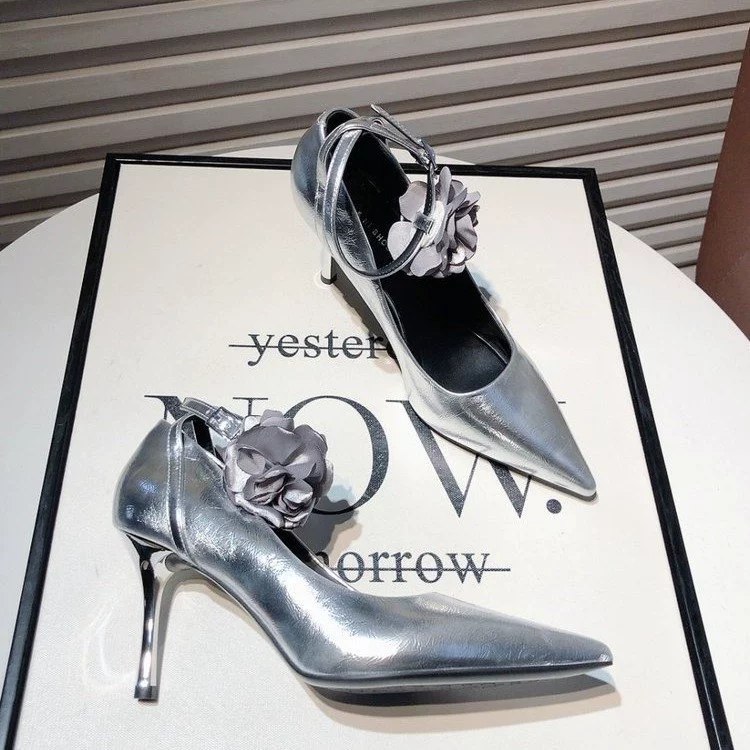 Французские цветы персонализированные серебряные туфли на высоком каблуке женский 2024 осень новый дикий каблук