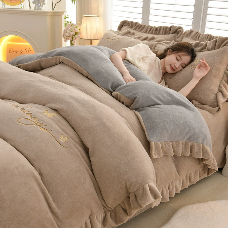 Demi-season velvet autumn warm jeans, double-sided fleece coral duvet cover, flannel set, with embroidery, 4 piece set