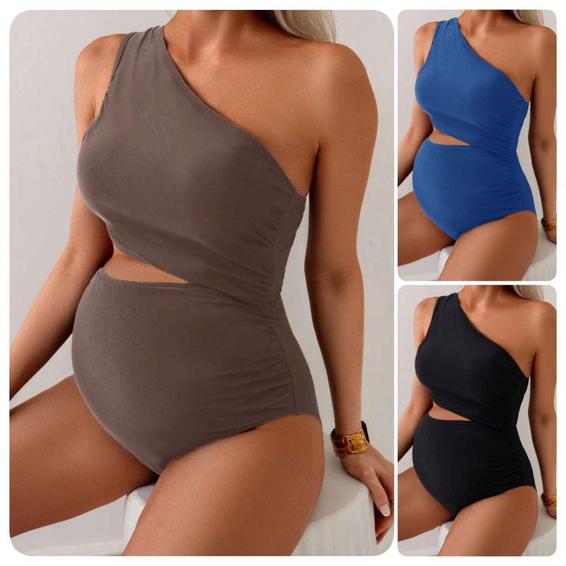 European and American Style Maternity One-Shoulder Swimsuit for Women, Solid Color, Sexy, Tight-Fitting, High-Elastic, Amazon Cross-Border One-Piece Swimsuit for Women