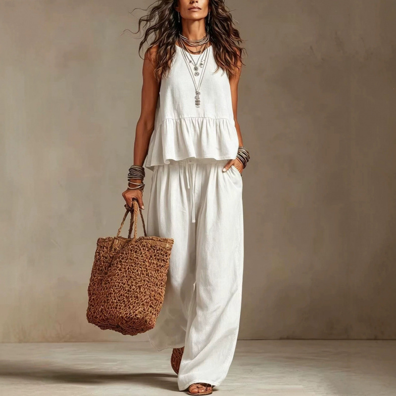 2026 New Summer European and American Cross-Border Independent Women's Fashion Simple Casual Cotton and Linen Ruffled Sleeveless Wide-Leg Set 2026 New Summer European and American Cross-Border Independent Women's Fashion Simple Casual Cotton and Linen Ruffled Sleeveless Wide-Leg Set