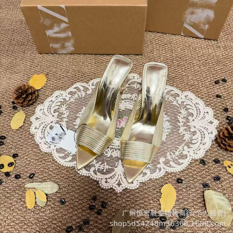 Cross-border foreign trade ZA2026 new summer high-heeled shoes, pointed toe, gold color, back cut-out, classic fashion outdoor slippers for women