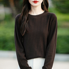 2024年秋冬新款纯棉圆领花边针织衫长袖拼色套头宽松打底衫女士