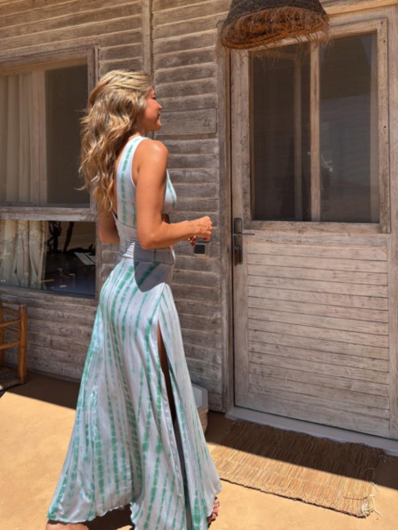 Summer Dress Printed V neck Cropped Outfit Split Sexy Vest Long Dress