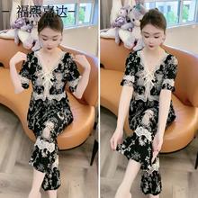 爆款家居服两件套宽松舒适大码拼蕾丝洋气可外出夏季冰丝睡衣套装