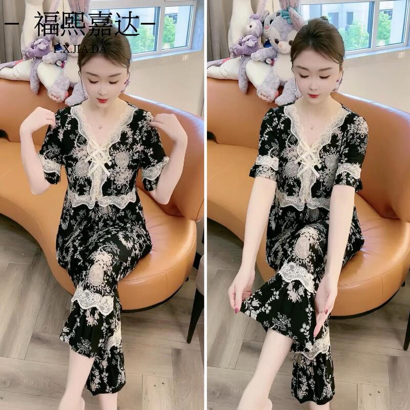 Explosive Home Clothes Two-Piece Loose Comfortable plus size Spelling Lace Western Style Outgoing Summer Ice Silk Pajamas suit Explosive Home Clothes Two-Piece Loose Comfortable plus size Spelling Lace Western Style Outgoing Summer Ice Silk Pajamas suit
