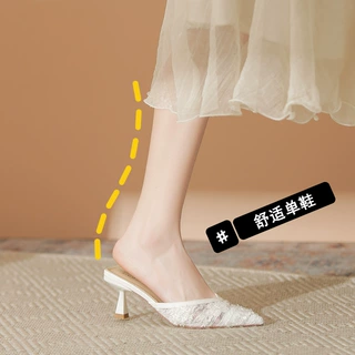 0985-3包头网纱半拖鞋尖头夏季新款高跟女细跟凉鞋