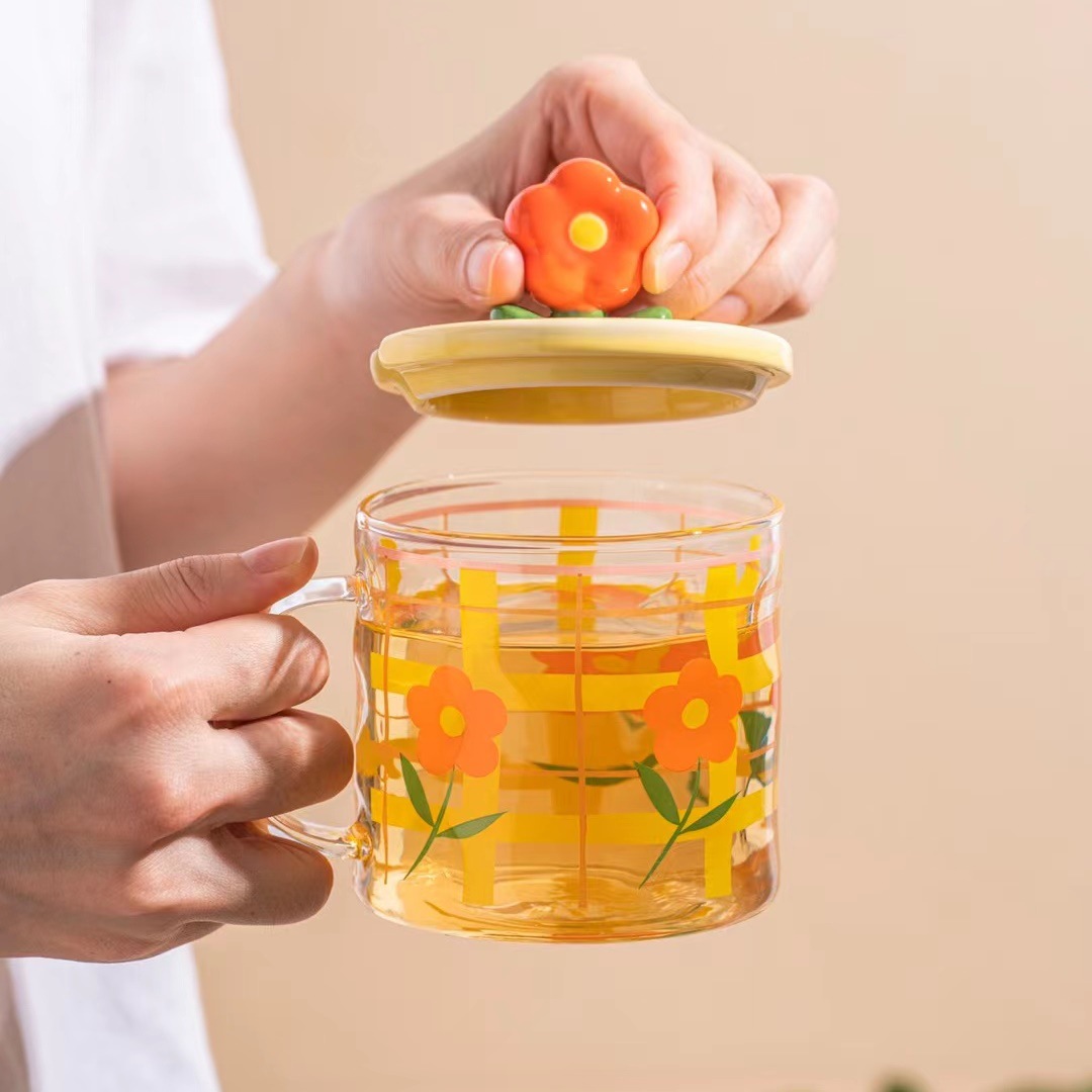 Creativo sol flor regalo personalizado vidrio 3D tridimensional beber taza con tapa cuchara chica Corazón de alta