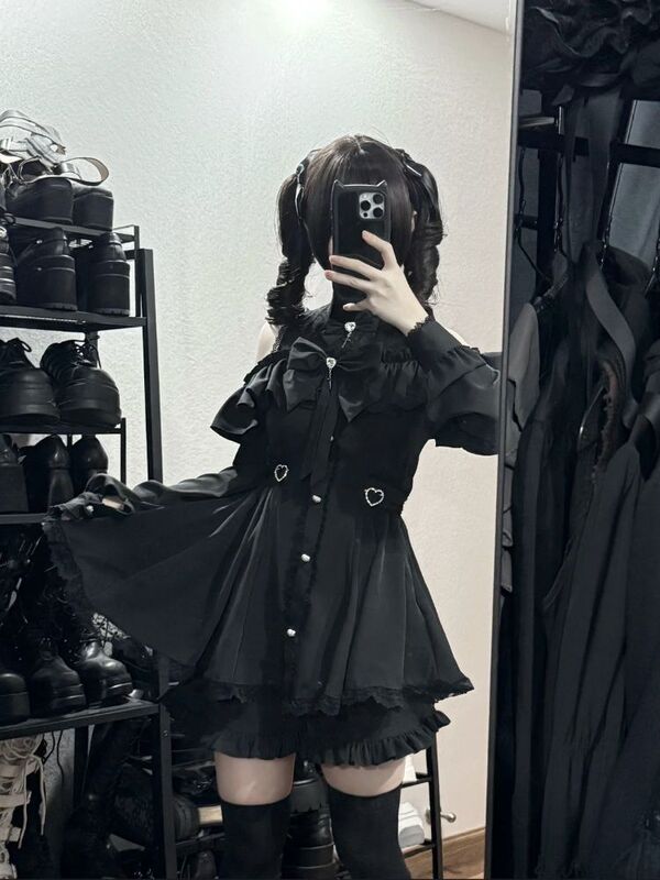 Spring and Summer Sweet Preppy Style Cut Out Long-Sleeved Dress + Slim Safety Pants Shorts Two-Piece Suit for Women