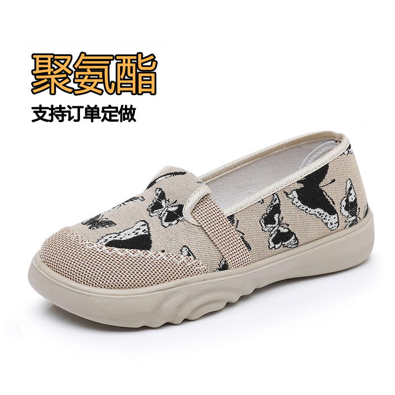 2025 봄 새로운 베이징 천 신발 여성 리넨 슬립 온 민족 스타일 부드러운 단독 중년 노인 어머니 게으른 신발