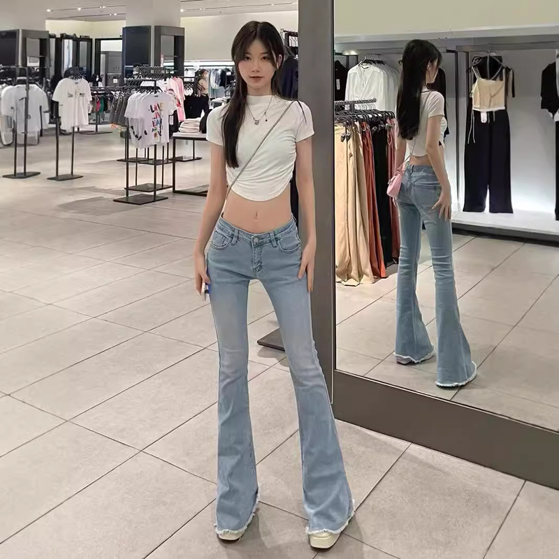 Hot Girl Low-rise Vintage Washed Jeans Women's Autumn Grey Micro-lar Trousers Low-crotch Old Tight Horn Pants
