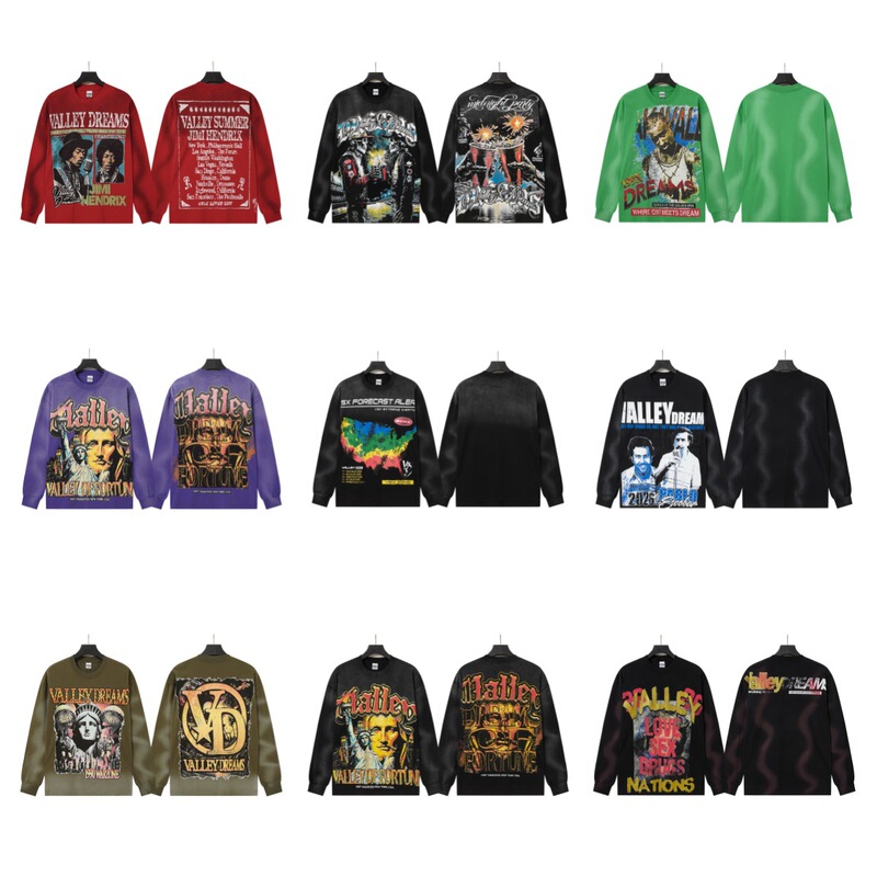 Cross-Border European and American Trendy Brand American Street Rock Style Washed Vintage Print Rhinestone Pure Cotton Long-Sleeve T-Shirt
