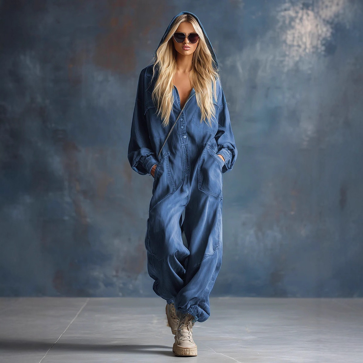 Oversized Denim Jumpsuit For Women – Relaxed Fit Hooded Romper With Utility Pockets (S-2XL, Classic Blue)_voghion.com