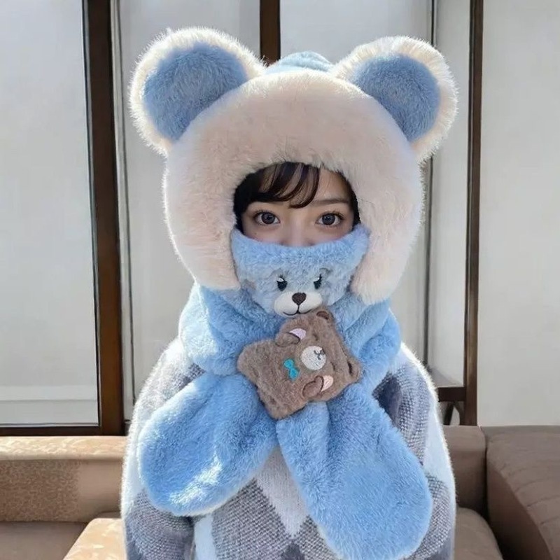 卡通儿童帽子围巾一体围脖保暖男女童毛绒帽秋冬季加绒宝宝护耳帽|undefined