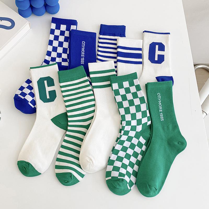 New Spring and Autumn Women's Socks Japanese Style Small Fresh Striped Plaid Cotton Mid-length Socks Women's High Rubber Cotton Socks Wholesale