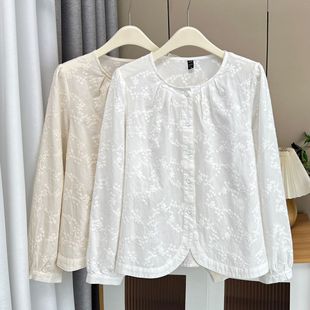 plus size women's 2024 autumn new 200kg fat sister casual retro small fresh jacquard long sleeve shirt 5185