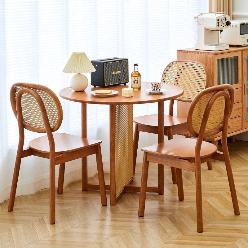 Solid Wood Japanese Dining Table and Chairs for Small Spaces, Minimalist Dining Table Set with Rattan Woven Natural Wood Dining Chairs