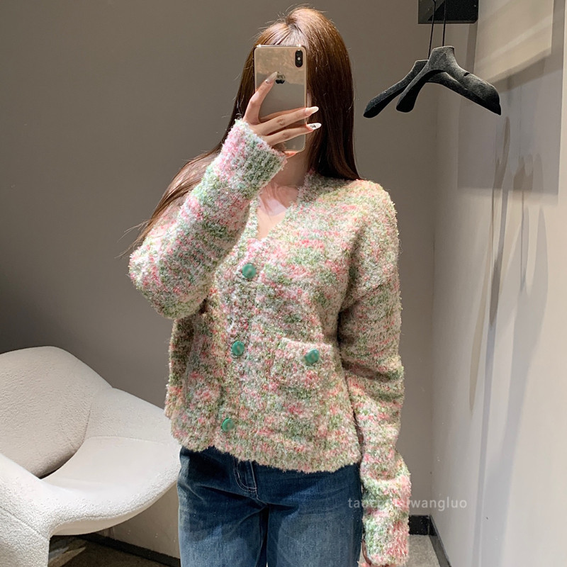 粉绿混织V领针织衫 甜美少女风时尚百搭长袖开衫秋冬 ZW65129