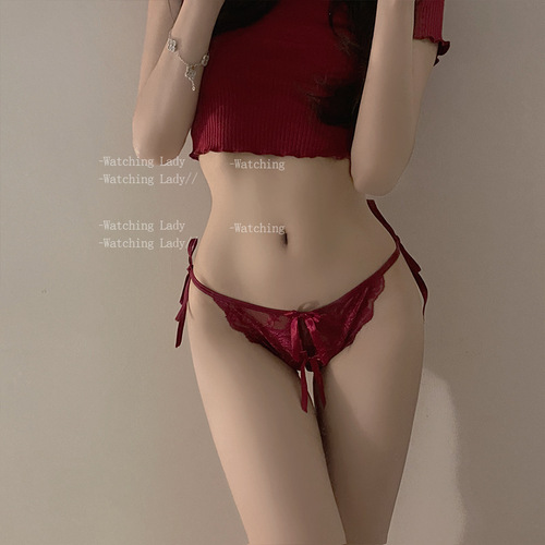 Lace-up, releasable* lace sexy panties, open thong, women's strappy, no-take-off hot T-pants