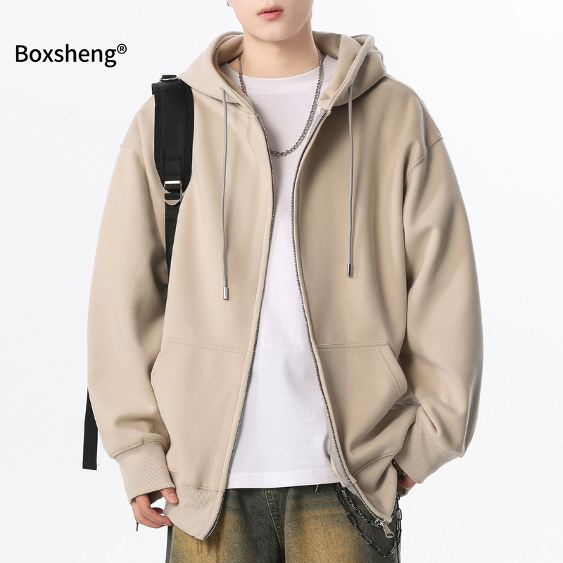 Heavyweight Hooded Jacket for Men, New Spring and Autumn Cardigan Sweatshirt, Loose Fit, Spring Couple's Clothing, Solid Color Zip-Up Top
