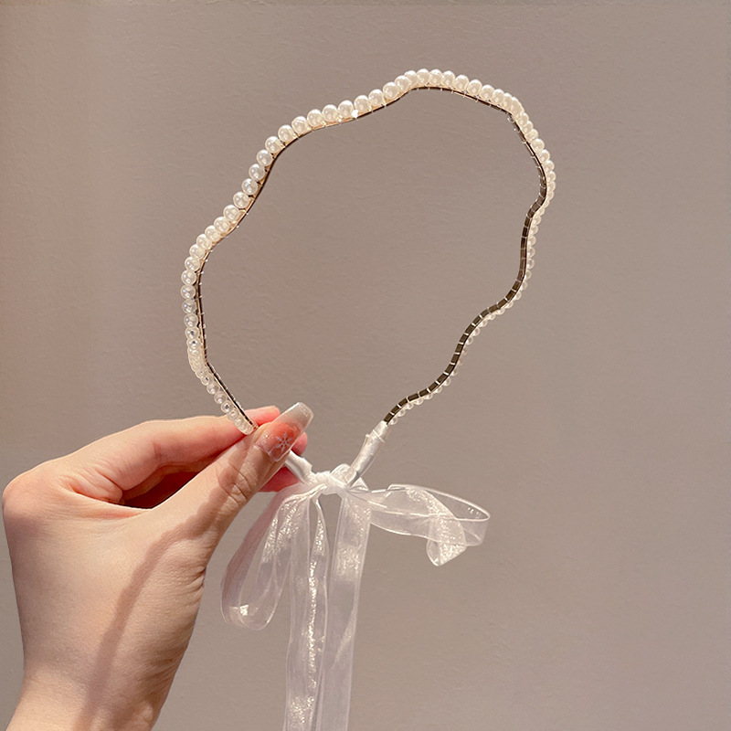 夏の女性のリボンパールヘッドバンド夏の新しい編組ヘアバンド韓国風スウィートプリンセスヘアアクセサリー滑り止め|undefined