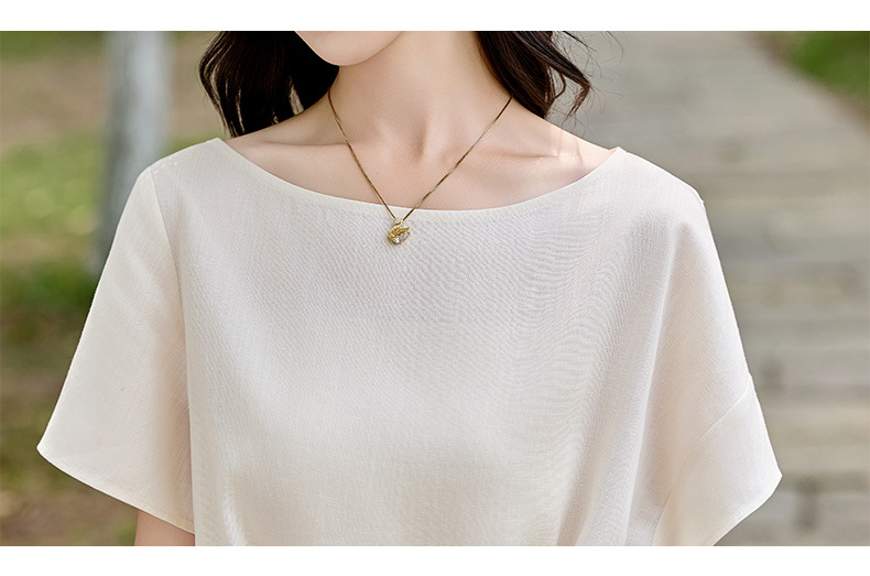 Bộ đầm suông nữ midi tay ngắn cổ tròn thắt eo — màu trắng ngà chi tiết 18