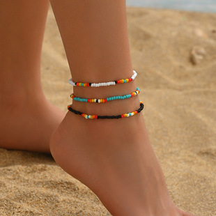 European and American Cross-border Retro Bohemian Colorful Bead Beaded Foot Chain Female Niche Contrast Color Bead Foot Chain Three-piece Set