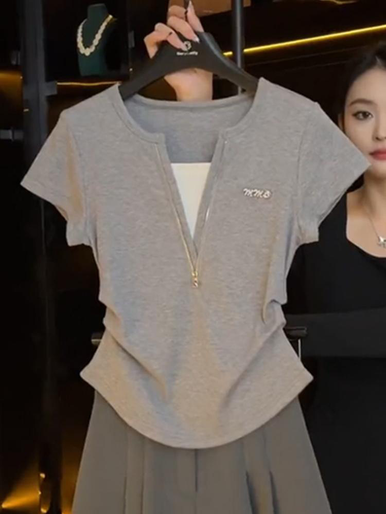 Áo thun nữ cổ V tay ngắn đính đá lấp lánh phong cách trung tâm thương mại — xám chi tiết 1