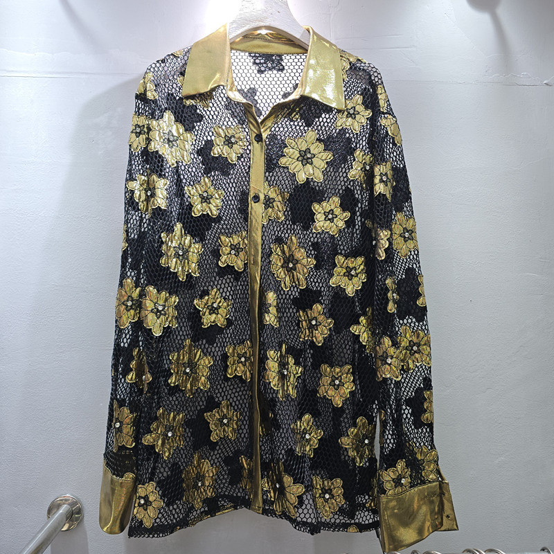 Light luxury style beaded yellow floral mesh shirt for women with gold shiny leather collar, loose fit, long sleeves, thin outer shirt Light luxury style beaded yellow floral mesh shirt for women with gold shiny leather collar, loose fit, long sleeves, thin outer shirt