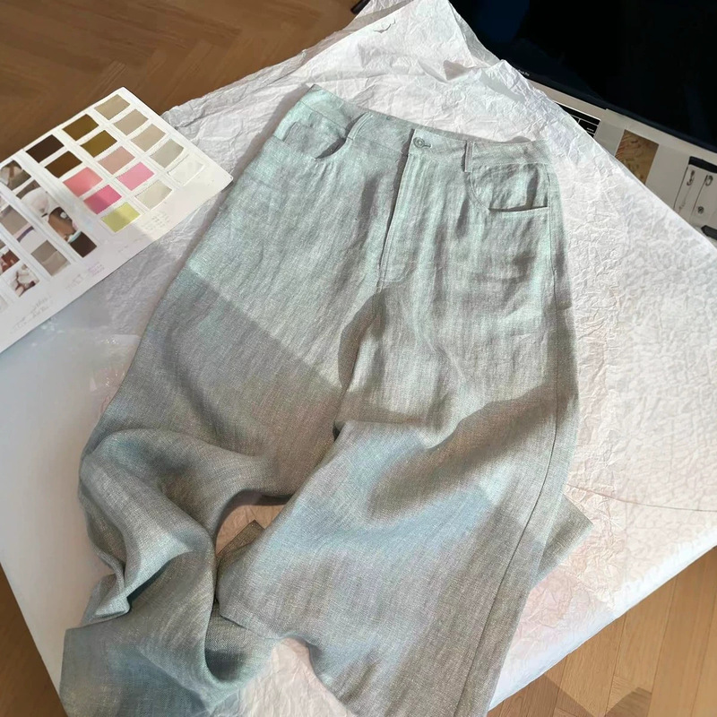 Highly Recommended! Mint Green Fine Shimmer Linen Wide-Leg Pants for Women, New Summer Style, High-Waisted, Slimming, Straight-Leg Casual Long Pants Highly Recommended! Mint Green Fine Shimmer Linen Wide-Leg Pants for Women, New Summer Style, High-Waisted, Slimming, Straight-Leg Casual Long Pants