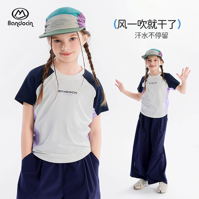 ハーフデグリーレジャーガールズスポーツ速乾服夏薄手スタイル2025新しい子供の夏半袖Tシャツトレンディ|undefined