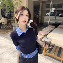韩系套装藏蓝色套头毛衣女格纹衬衫上衣早秋宽松阔腿牛仔裤三件套