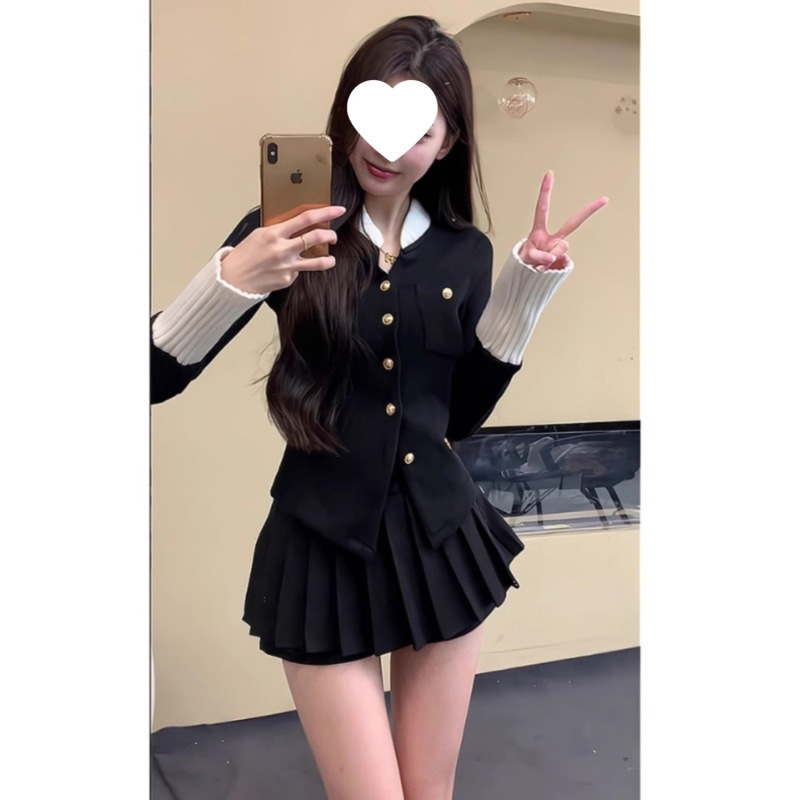 小香风富家千金撞色时尚休闲套装复古长袖衬衫女百褶裙短裙两件套|undefined