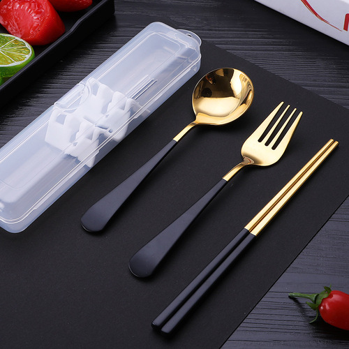 Jieyang 304 stainless steel three-piece fork, chopsticks, soup spoon gold-plated set gift student outdoor portable tableware