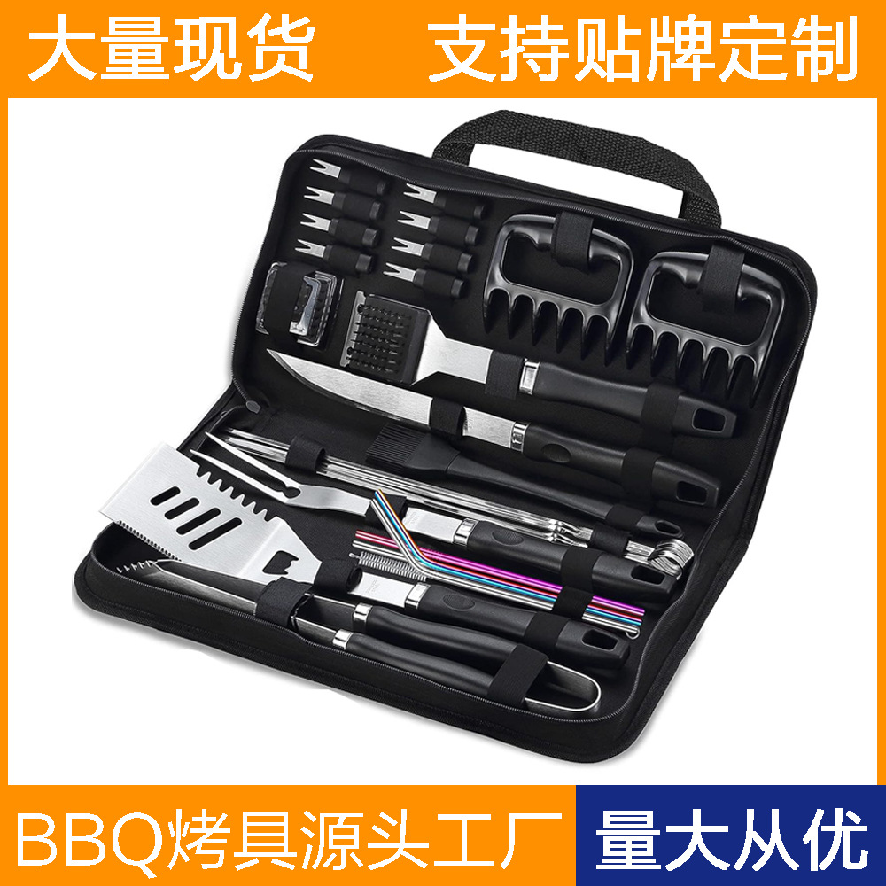 Amazon Venta caliente Acero inoxidable parrilla traje barbacoa al aire libre mango de plástico barbacoa combinación bolsa de tela traje de herramientas