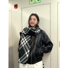 全智贤同款复古黑白格子围巾女冬韩系氛围感拼色双面保暖围脖披肩