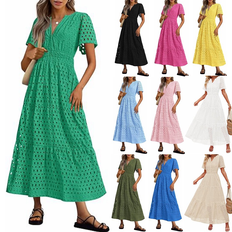 2026 European and American Foreign Trade Cross-Border Women's Clothing Amazon Hot-Selling V-Neck Hollow-Out Pleated Short-Sleeve Long Dress